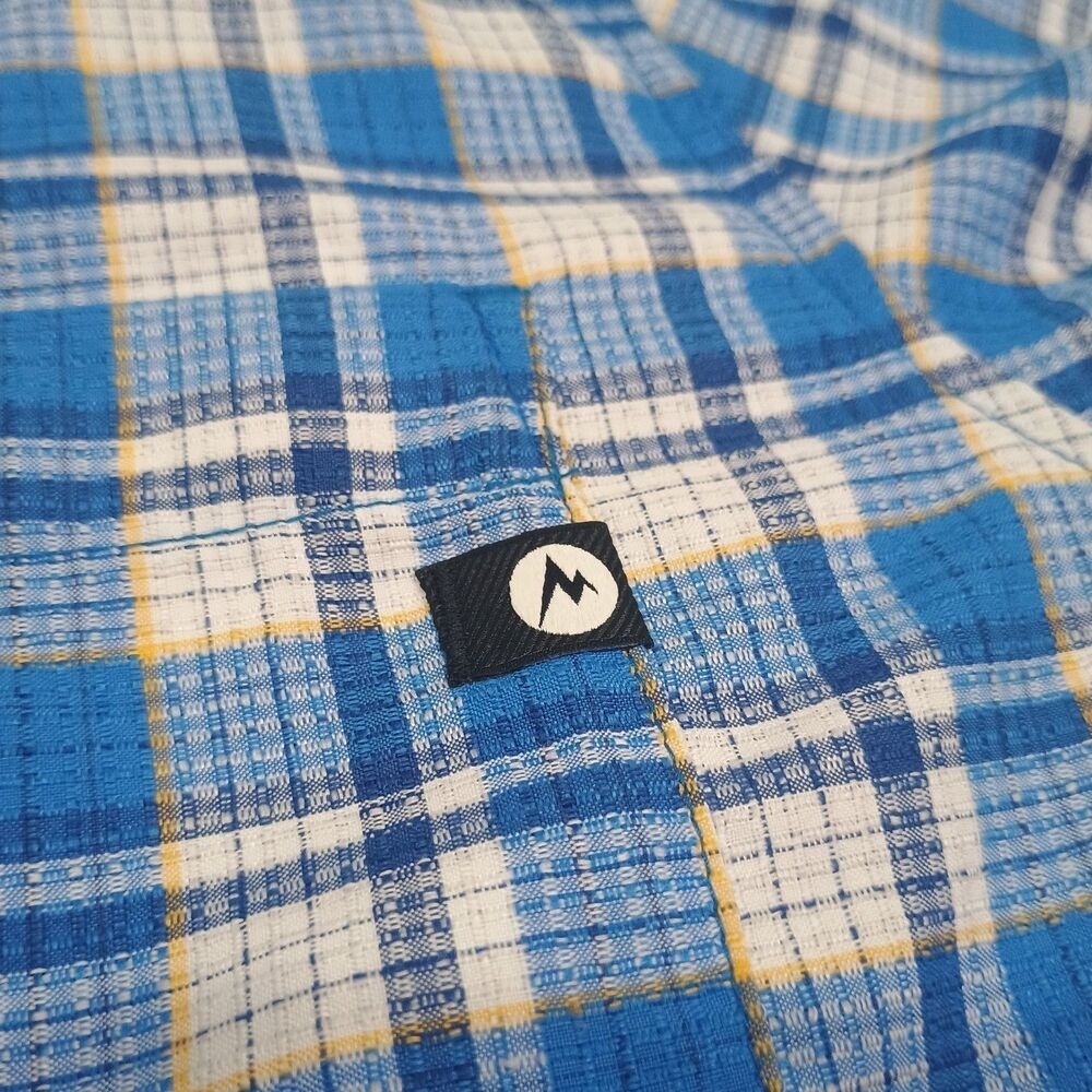 Marmot Mens Medium Short Sleeve ButtonDown Shirt Blue White Plaid Hiking Outdoor - Picture 4 of 10